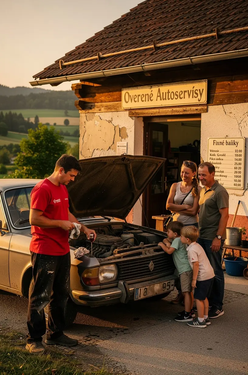 Montážny mechanik kontroluje motorový olej a filtre v modernom autoservise na Slovensku. Zákazník používa online rezervačný systém na výber služby údržby vozidla s transparentnou cenou. Detailný záber na balíček údržby auta obsahujúci výmenu oleja, filtrov a kontrolu tekutín s jasným cenovým rozpísaním.